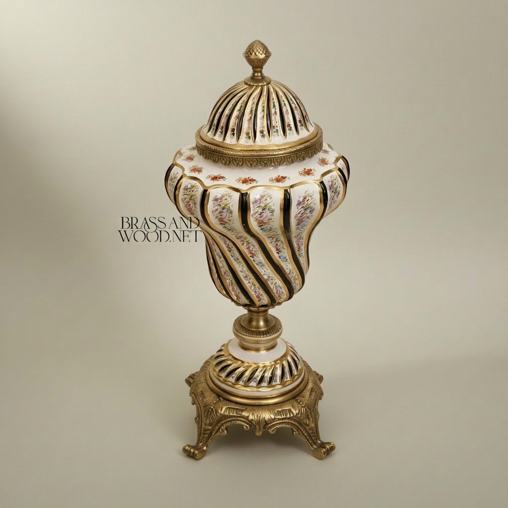 Baroque Ceramic & Brass Lidded Urn Vase — Spiral-Ribbed with Hand-Painted Florals — Antique Gold