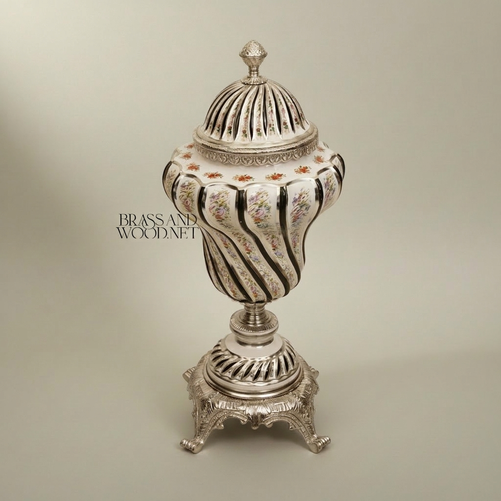 Baroque Ceramic & Brass Lidded Urn Vase — Spiral-Ribbed with Hand-Painted Florals — Silver