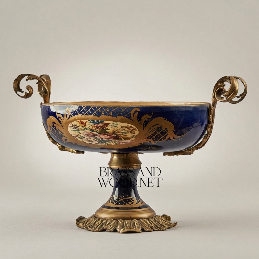Baroque Ceramic & Brass Pedestal Compote Bowl - Floral Medallion & Scrolled Handles — Antique Gold