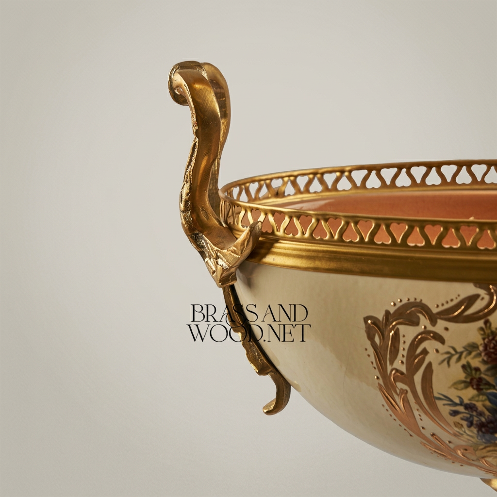 Baroque Ceramic & Brass Pedestal Compote Bowl - Floral Hand-Painted — Antique Gold