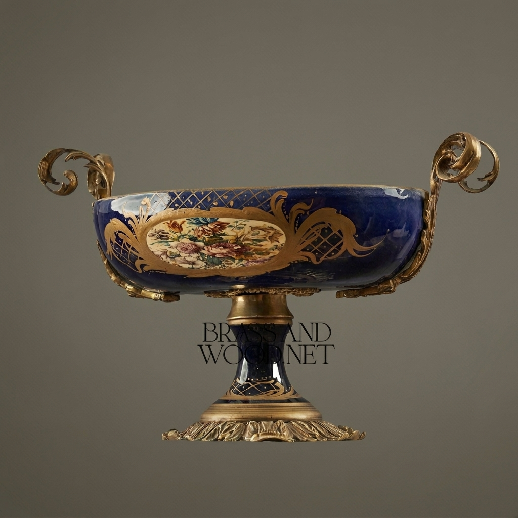 Baroque Ceramic & Brass Pedestal Compote Bowl - Floral Medallion & Scrolled Handles — Antique Gold