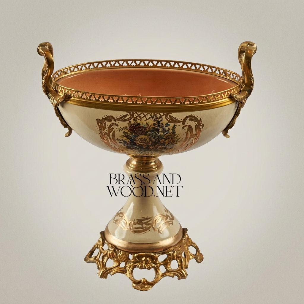 Baroque Ceramic & Brass Pedestal Compote Bowl - Floral Hand-Painted — Antique Gold