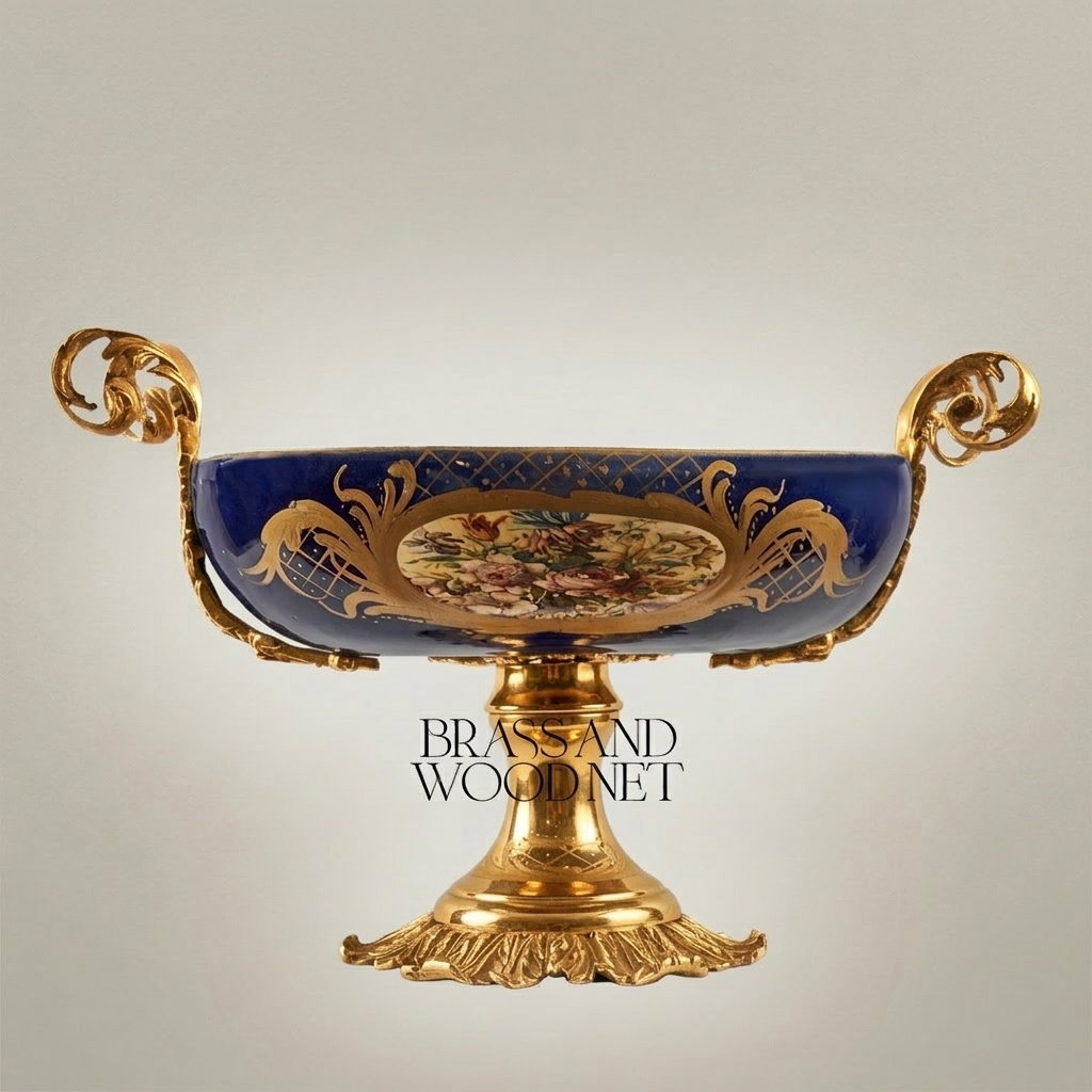 Baroque Ceramic & Brass Pedestal Compote Bowl - Floral Medallion & Scrolled Handles — Gold