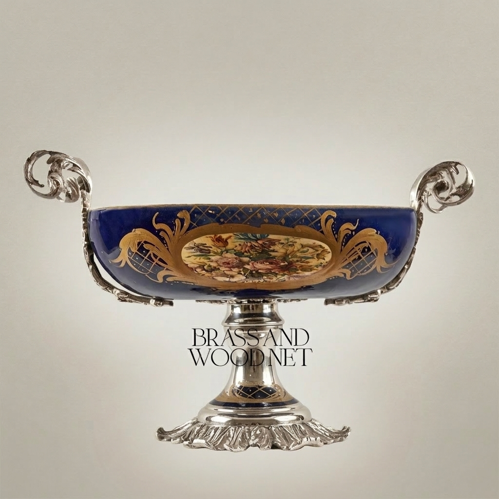 Baroque Ceramic & Brass Pedestal Compote Bowl - Floral Medallion & Scrolled Handles — Silver