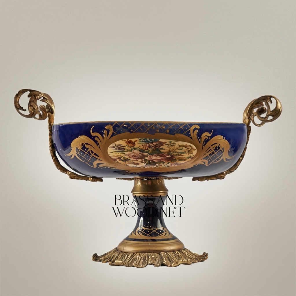 Baroque Ceramic & Brass Pedestal Compote Bowl - Floral Medallion & Scrolled Handles — Antique Gold
