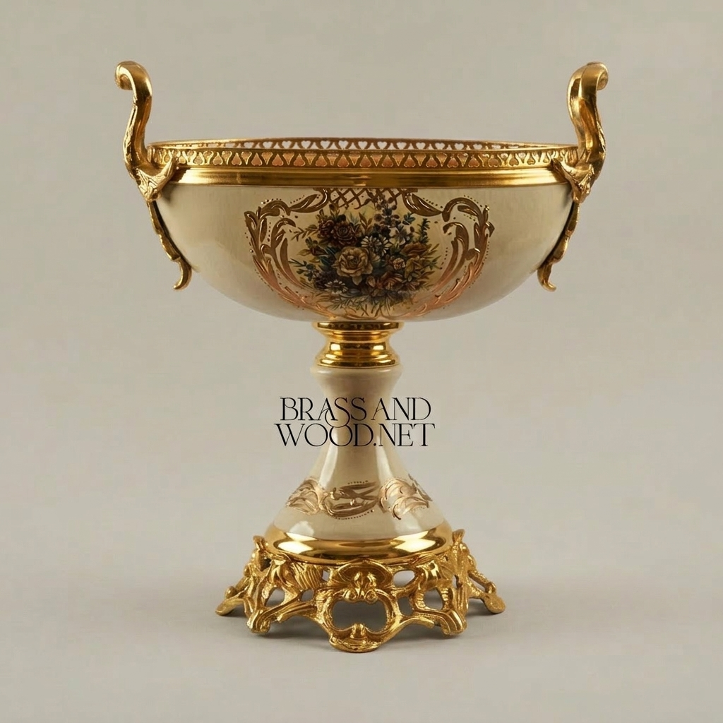 Baroque Ceramic & Brass Pedestal Compote Bowl - Floral Hand-Painted