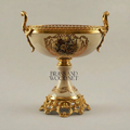 Baroque Ceramic & Brass Pedestal Compote Bowl - Floral Hand-Painted — Gold