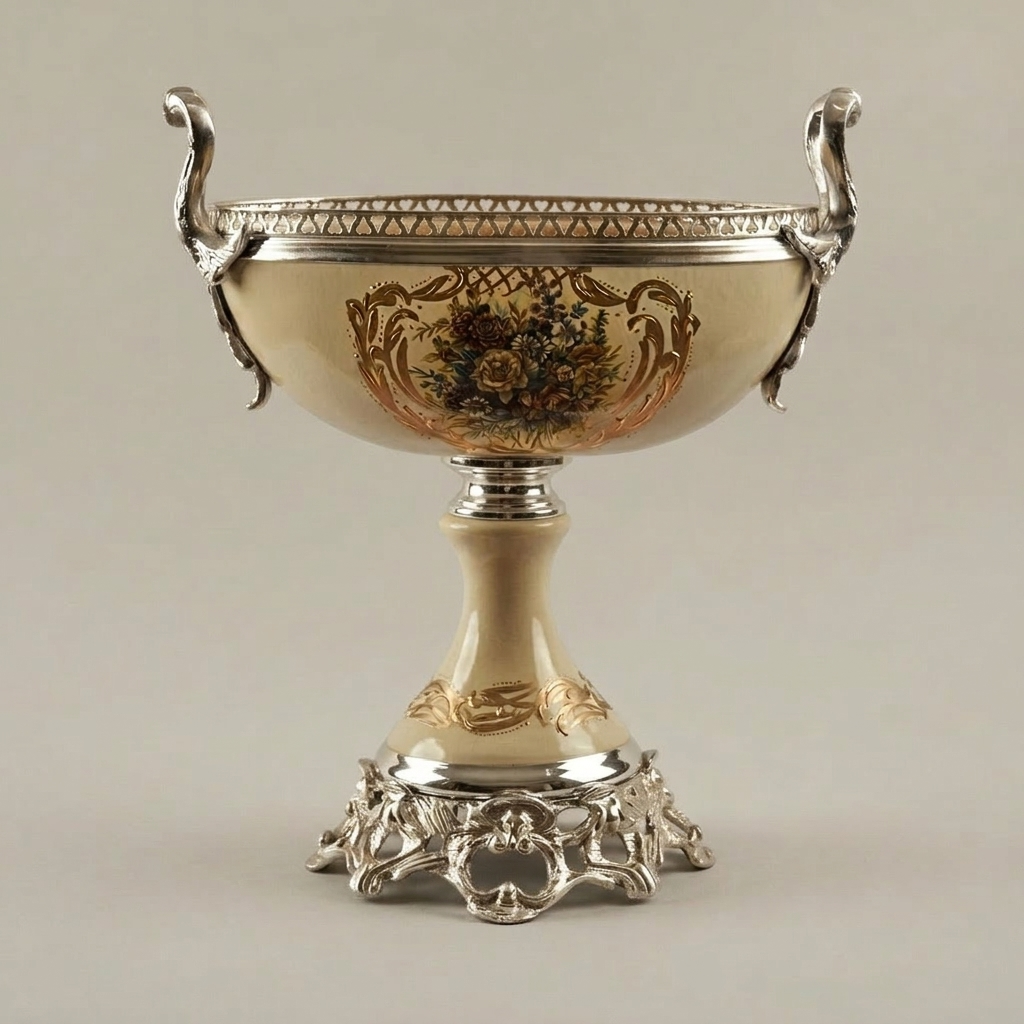 Baroque Ceramic & Brass Pedestal Compote Bowl - Floral Hand-Painted — Silver