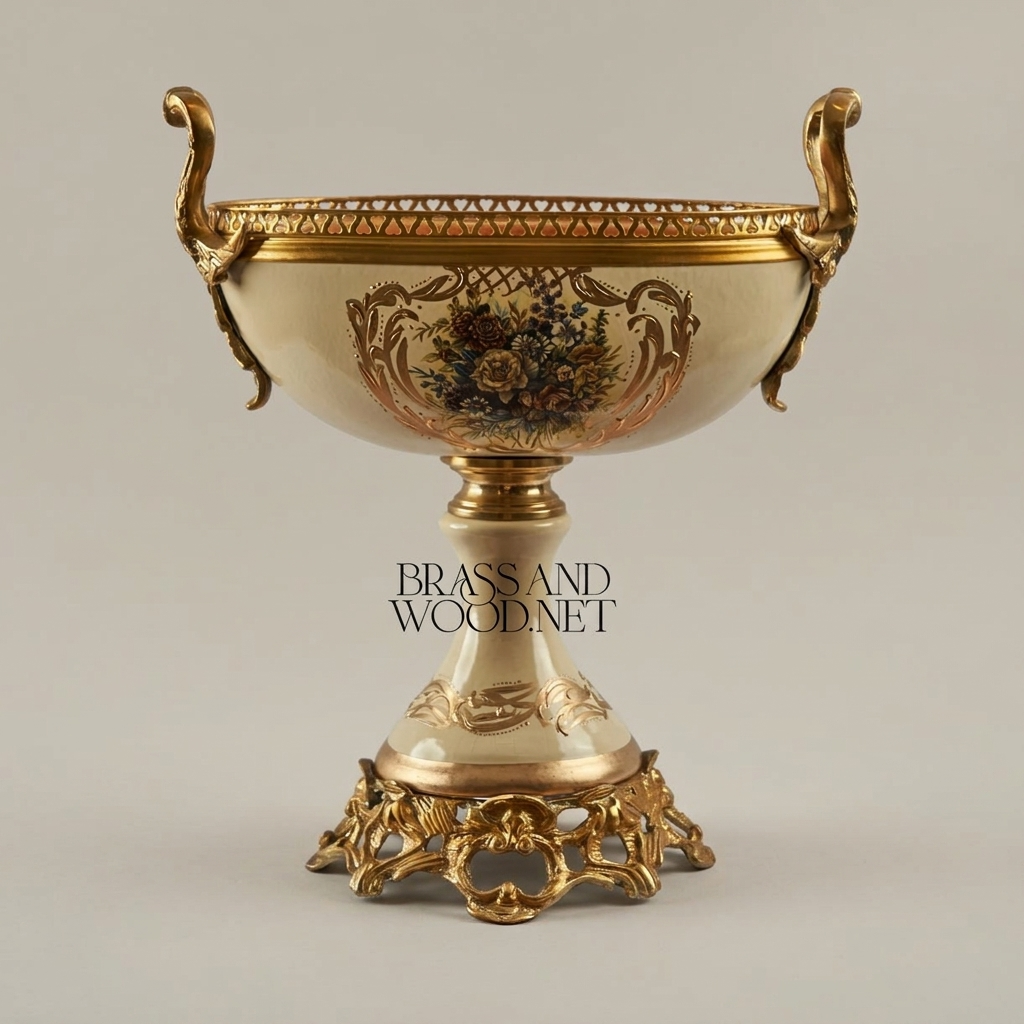 Baroque Ceramic & Brass Pedestal Compote Bowl - Floral Hand-Painted — Antique Gold
