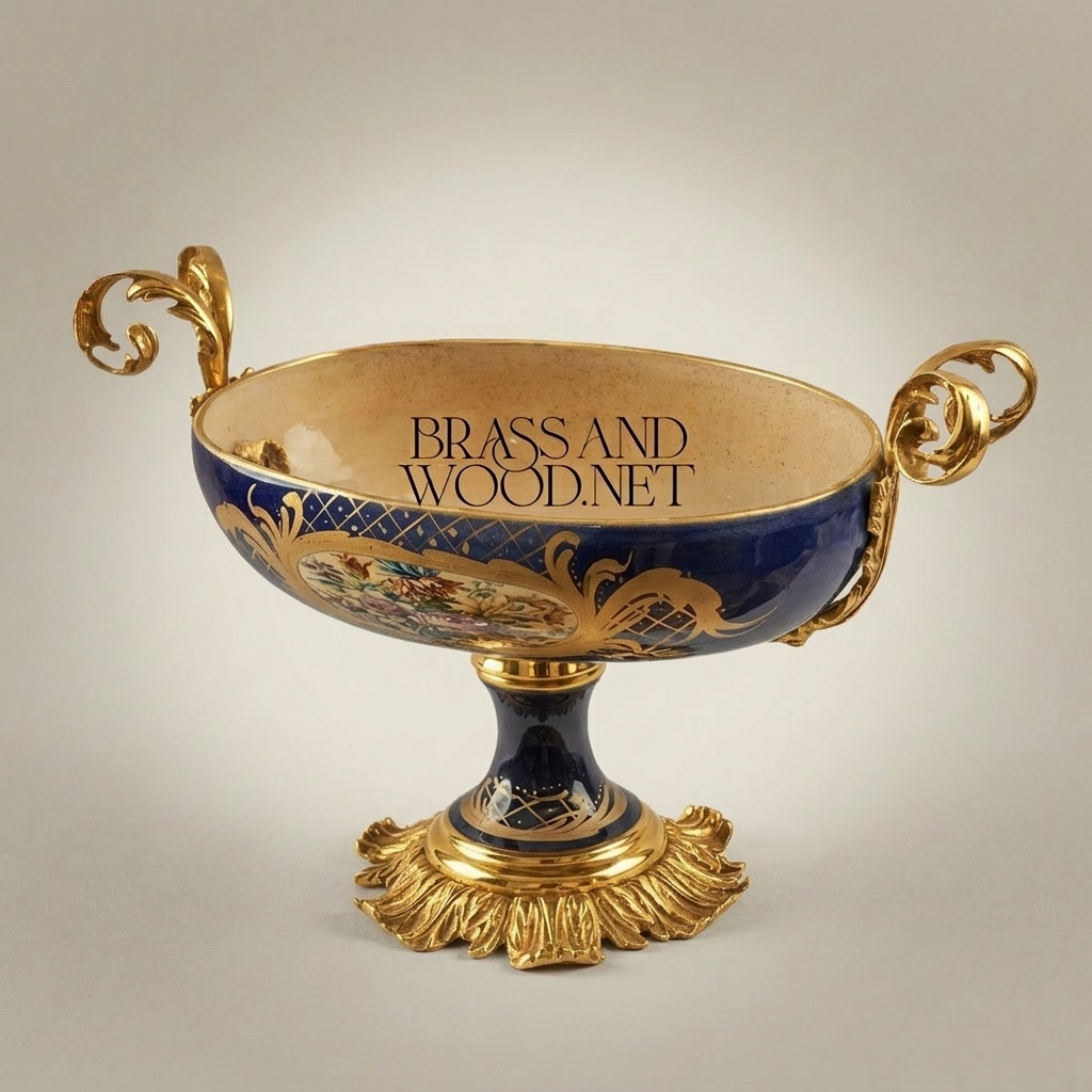 Baroque Ceramic & Brass Pedestal Compote Bowl - Floral Medallion & Scrolled Handles
