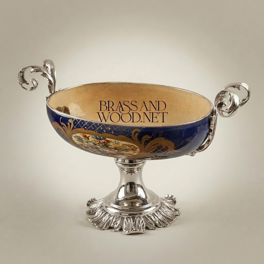Baroque Ceramic & Brass Pedestal Compote Bowl - Floral Medallion & Scrolled Handles — Silver
