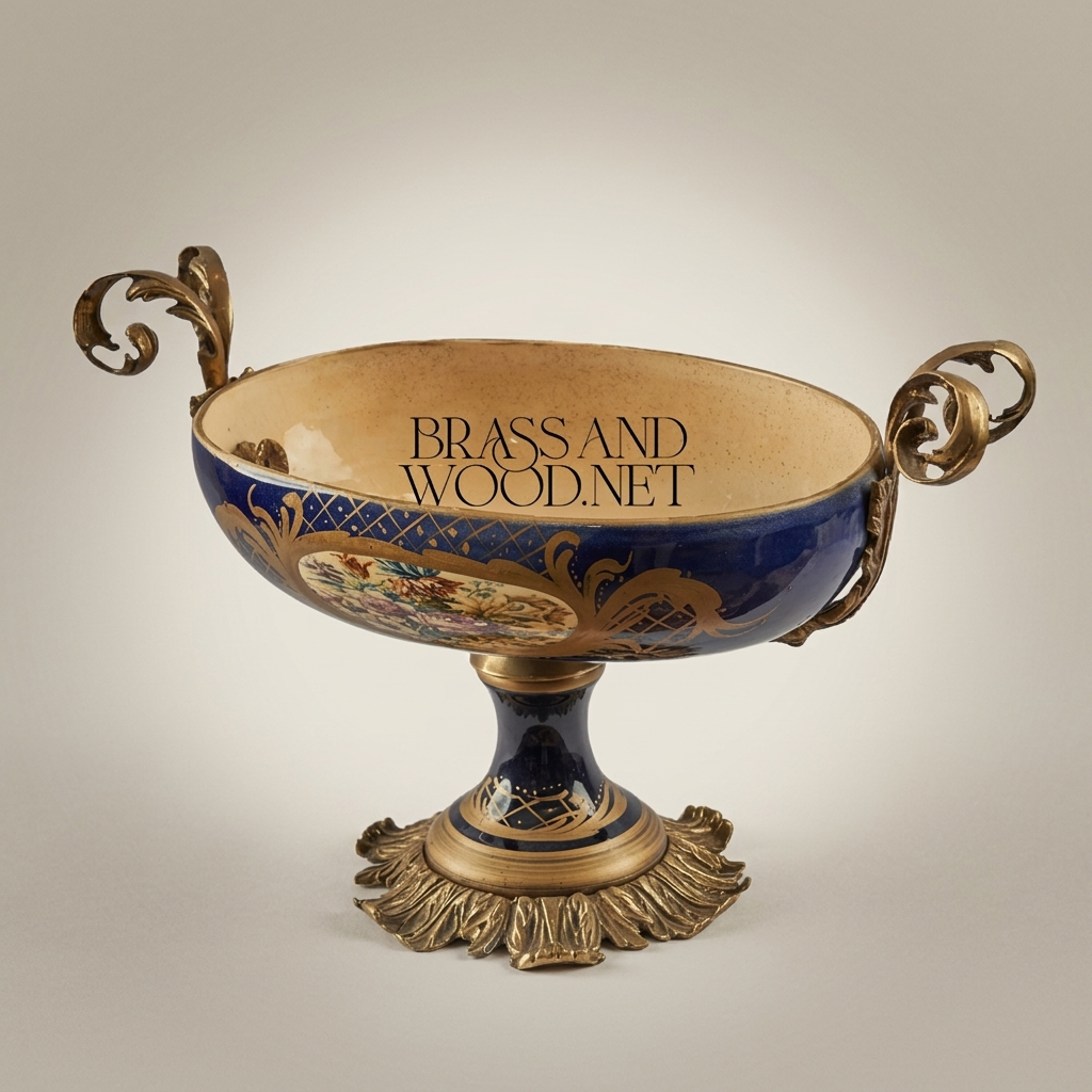 Baroque Ceramic & Brass Pedestal Compote Bowl - Floral Medallion & Scrolled Handles — Antique Gold