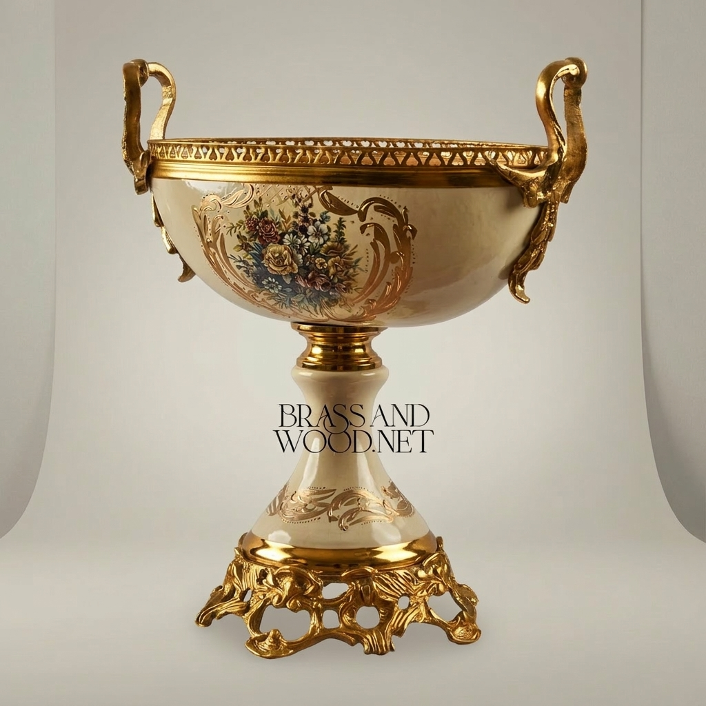 Baroque Ceramic & Brass Pedestal Compote Bowl - Floral Hand-Painted