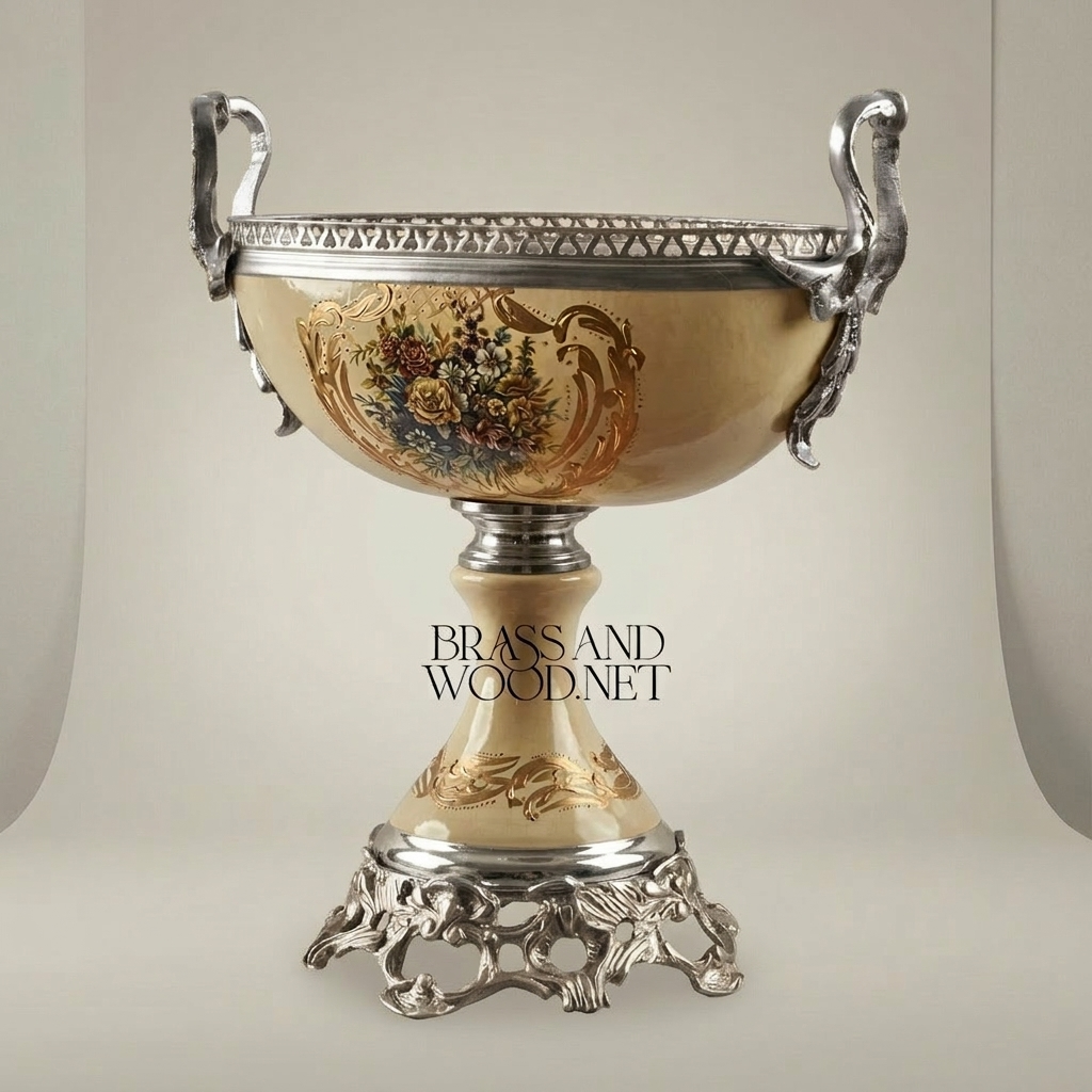 Baroque Ceramic & Brass Pedestal Compote Bowl - Floral Hand-Painted — Silver