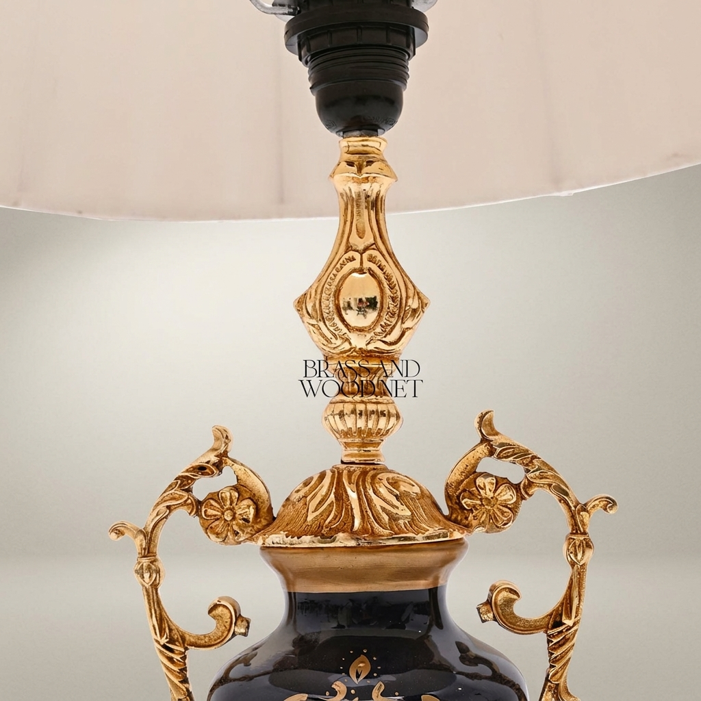 Baroque Ceramic & Brass Table Lamp - Navy Urn with Ornate Scroll Handles — Gold