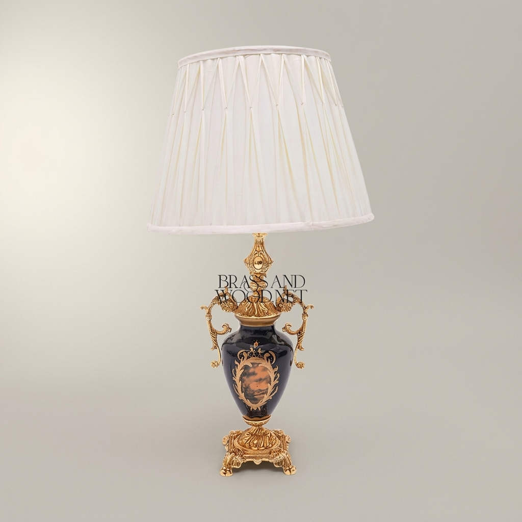 Baroque Ceramic & Brass Table Lamp - Navy Urn with Ornate Scroll Handles — Gold