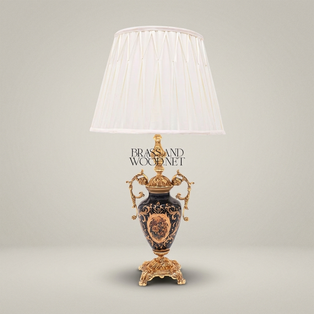 Baroque Ceramic & Brass Table Lamp - Navy Urn with Ornate Scroll Handles — Gold