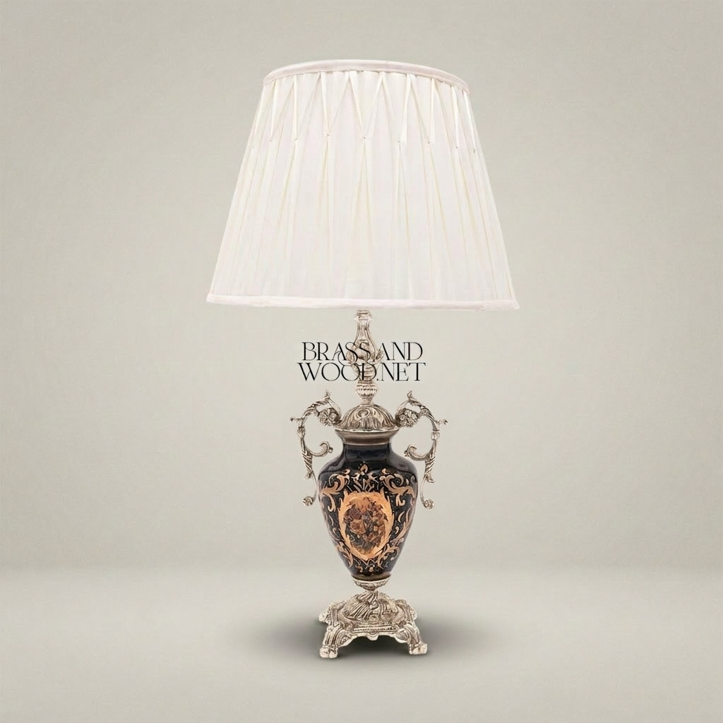 Baroque Ceramic & Brass Table Lamp - Navy Urn with Ornate Scroll Handles — Silver