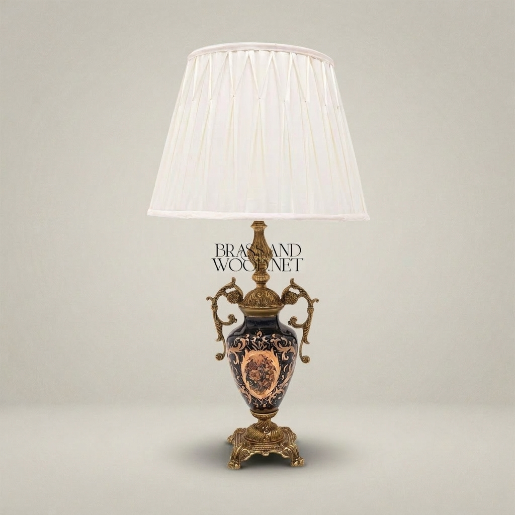 Baroque Ceramic & Brass Table Lamp - Navy Urn with Ornate Scroll Handles — Antique Gold