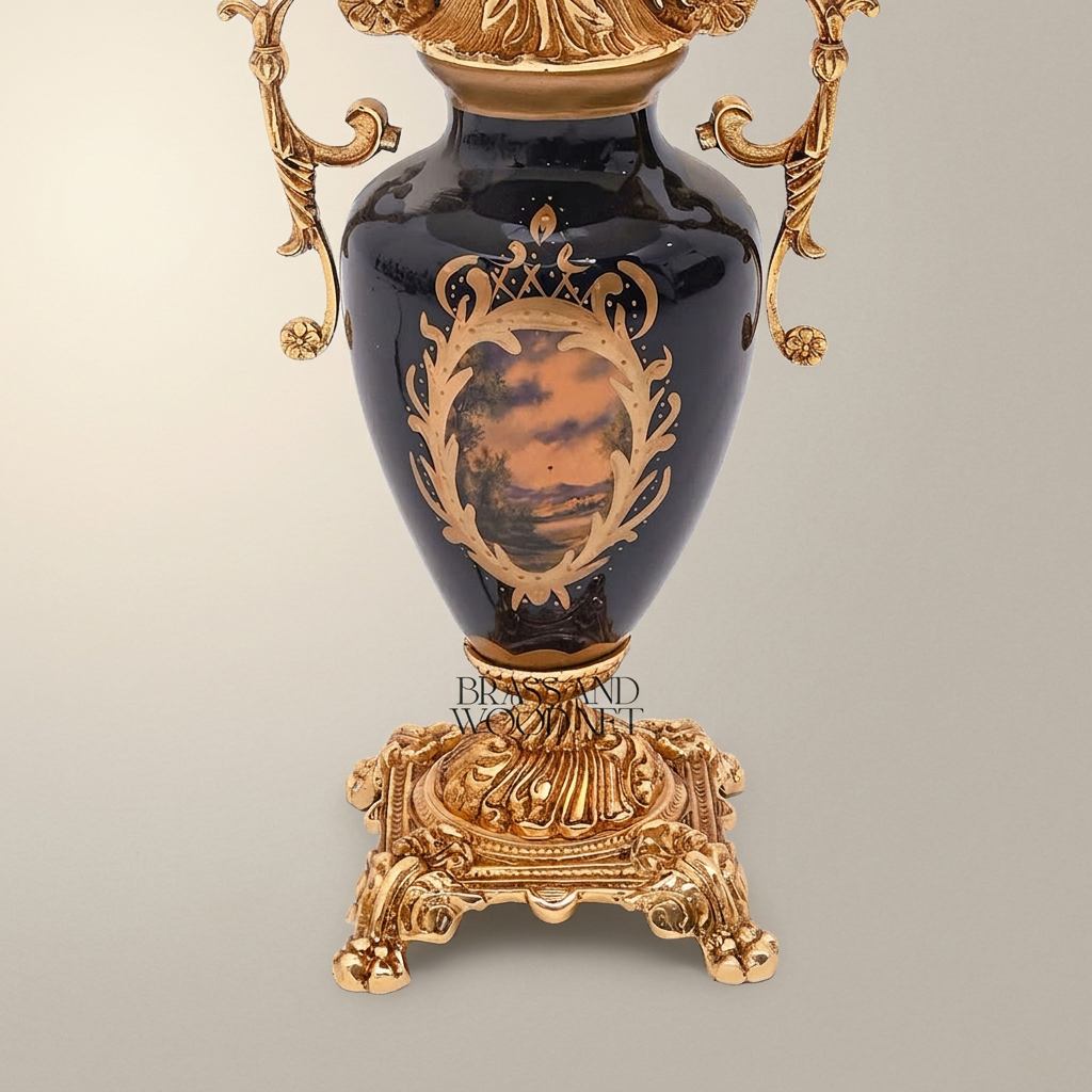 Baroque Ceramic & Brass Table Lamp - Navy Urn with Ornate Scroll Handles