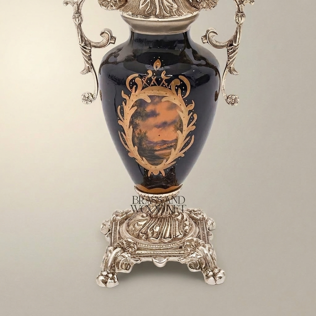 Baroque Ceramic & Brass Table Lamp - Navy Urn with Ornate Scroll Handles — Silver