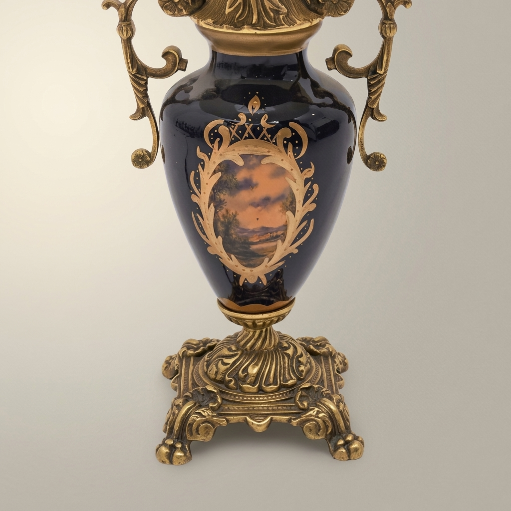 Baroque Ceramic & Brass Table Lamp - Navy Urn with Ornate Scroll Handles — Antique Gold
