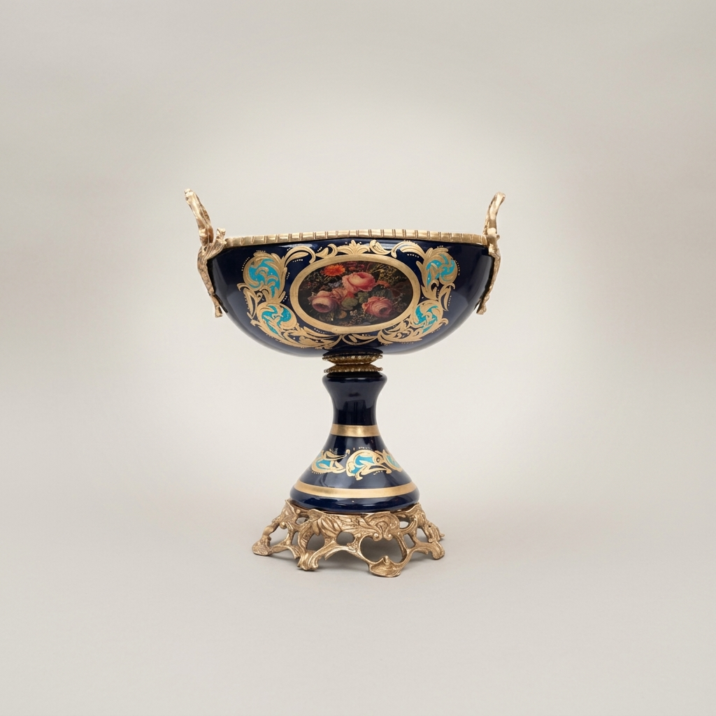 Baroque Ceramic Pedestal Compote Bowl - Floral Medallion & Ornate Brass Stand — Antique Gold