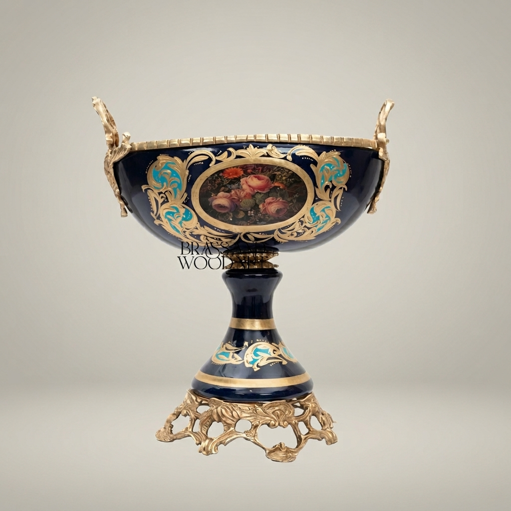Baroque Ceramic Pedestal Compote Bowl - Floral Medallion & Ornate Brass Stand — Antique Gold