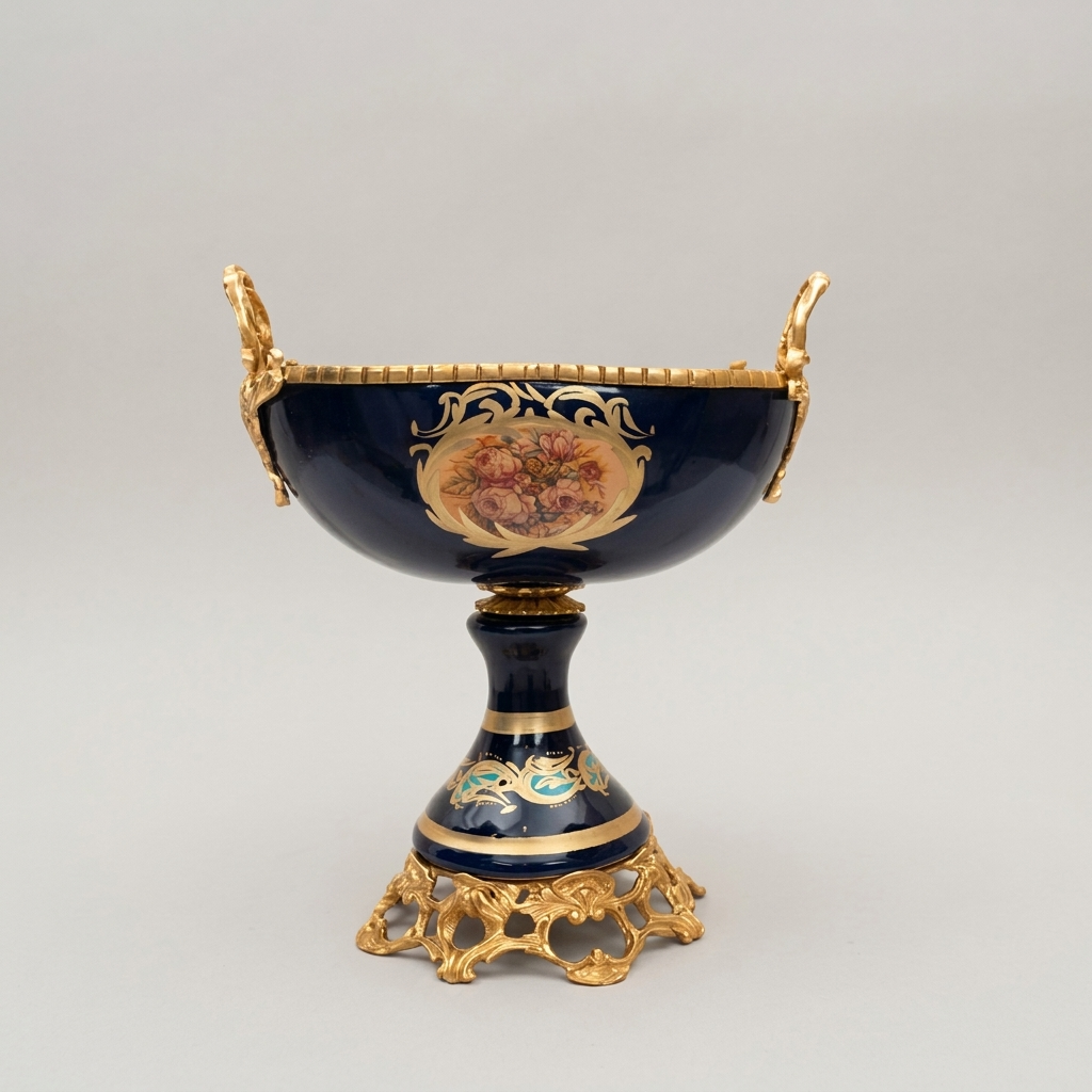 Baroque Ceramic Pedestal Compote Bowl - Floral Medallion & Ornate Brass Stand — Gold