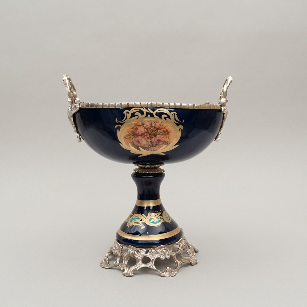 Baroque Ceramic Pedestal Compote Bowl - Floral Medallion & Ornate Brass Stand — Silver