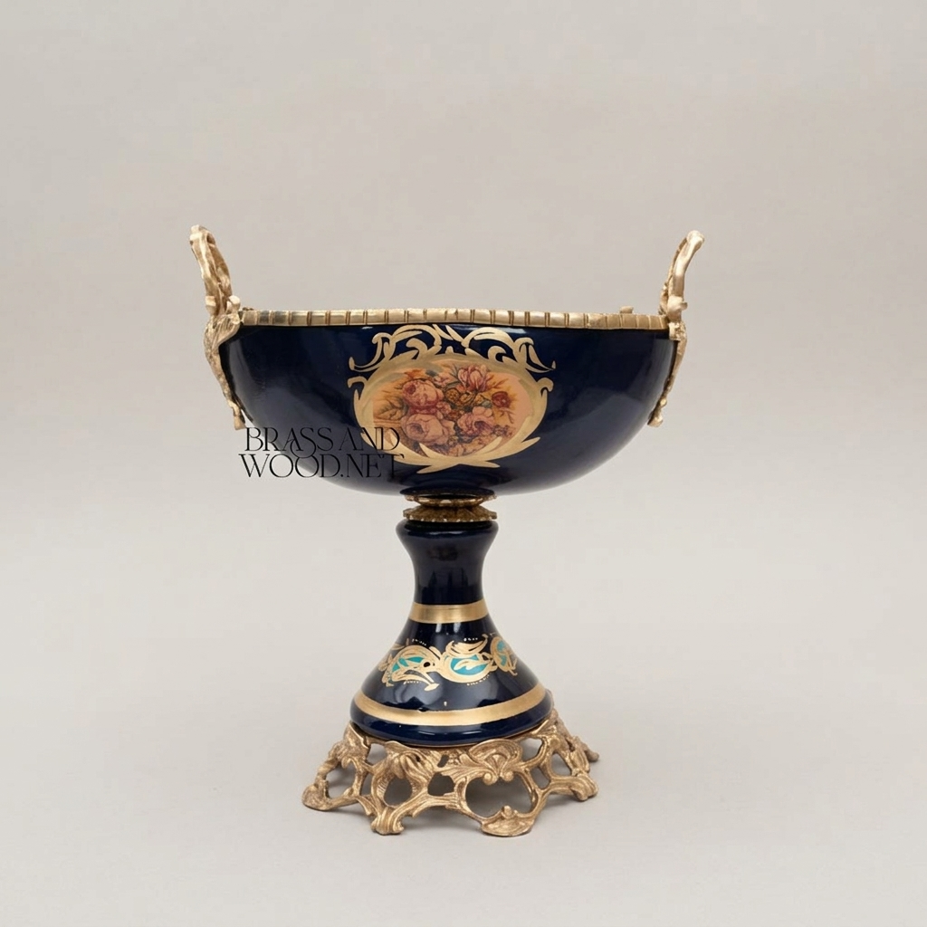 Baroque Ceramic Pedestal Compote Bowl - Floral Medallion & Ornate Brass Stand — Antique Gold