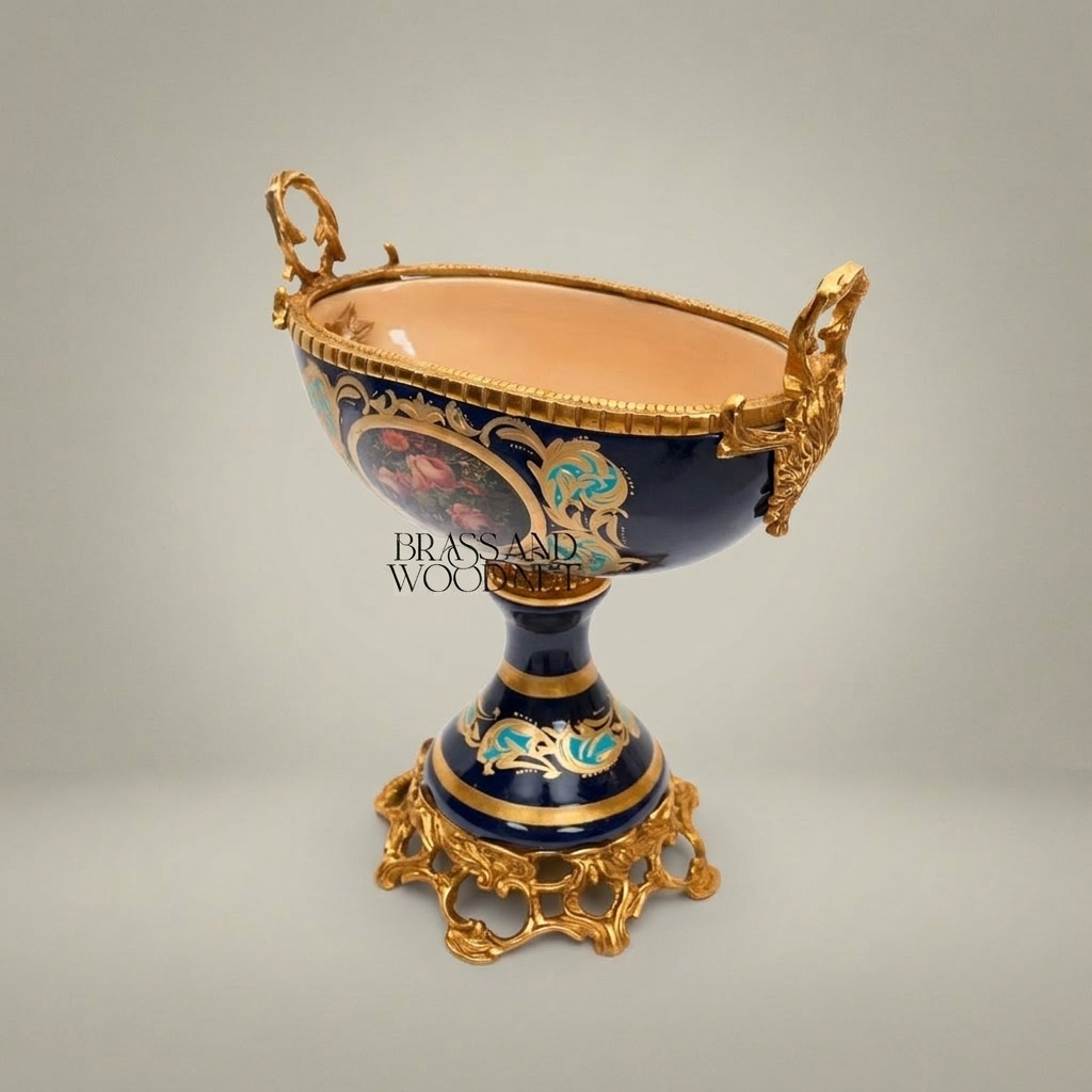 Baroque Ceramic Pedestal Compote Bowl - Floral Medallion & Ornate Brass Stand