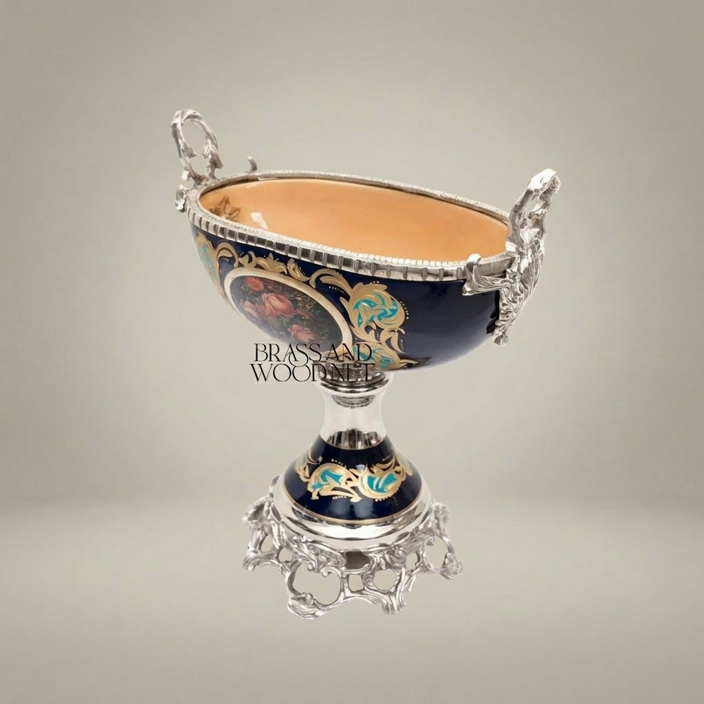 Baroque Ceramic Pedestal Compote Bowl - Floral Medallion & Ornate Brass Stand — Silver