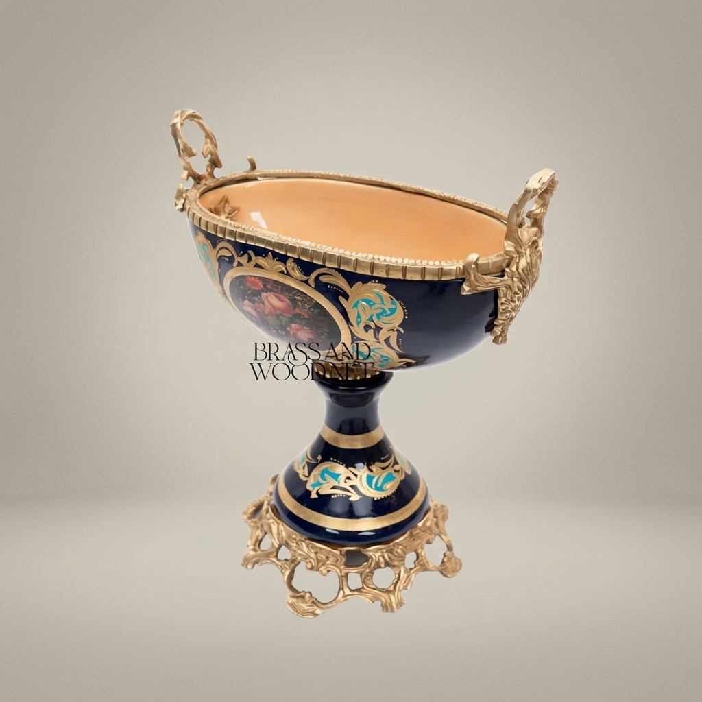 Baroque Ceramic Pedestal Compote Bowl - Floral Medallion & Ornate Brass Stand — Antique Gold