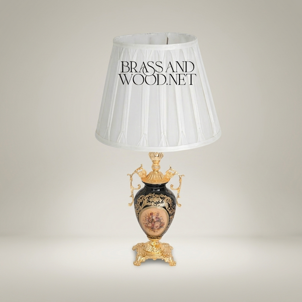 Baroque Ceramic Urn Table Lamp - Floral Medallion & Ornate Brass Stand