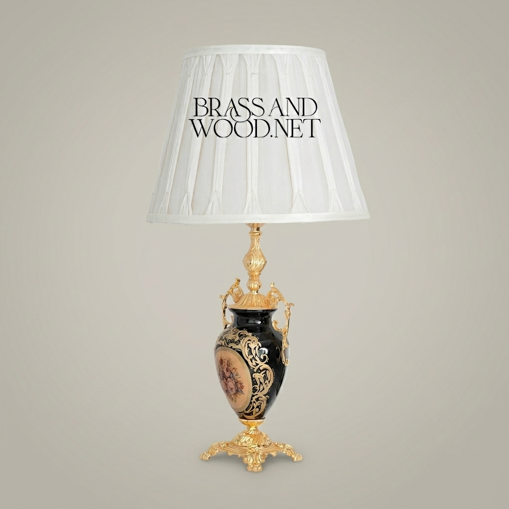 Baroque Ceramic Urn Table Lamp - Floral Medallion & Ornate Brass Stand — Gold