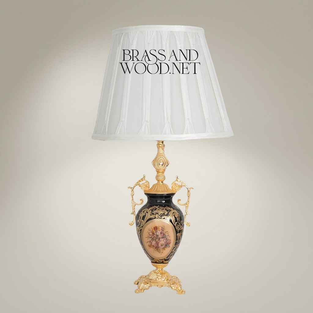 Baroque Ceramic Urn Table Lamp - Floral Medallion & Ornate Brass Stand