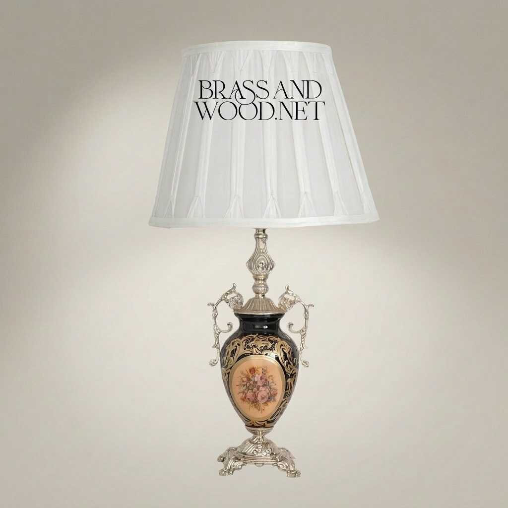 Baroque Ceramic Urn Table Lamp - Floral Medallion & Ornate Brass Stand — Silver