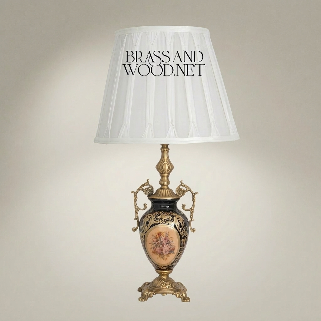 Baroque Ceramic Urn Table Lamp - Floral Medallion & Ornate Brass Stand — Antique Gold