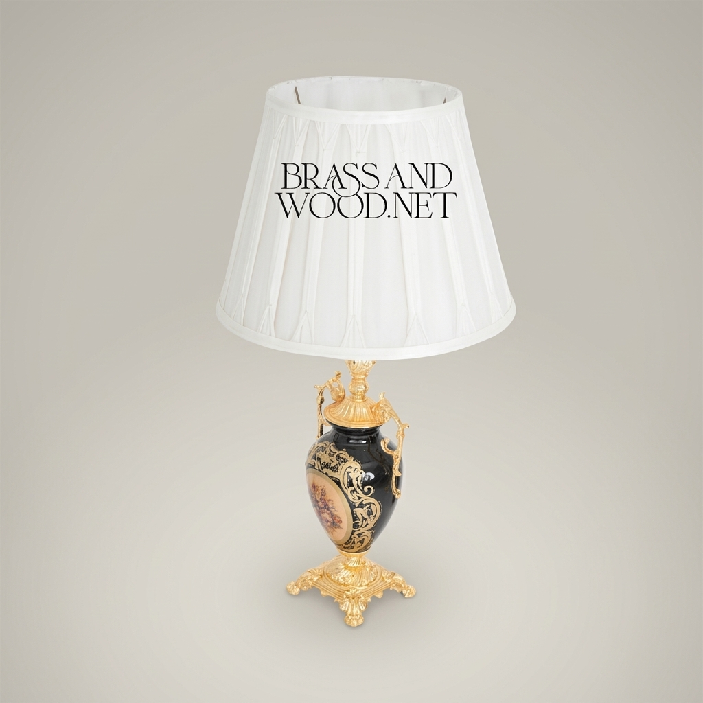 Baroque Ceramic Urn Table Lamp - Floral Medallion & Ornate Brass Stand — Gold