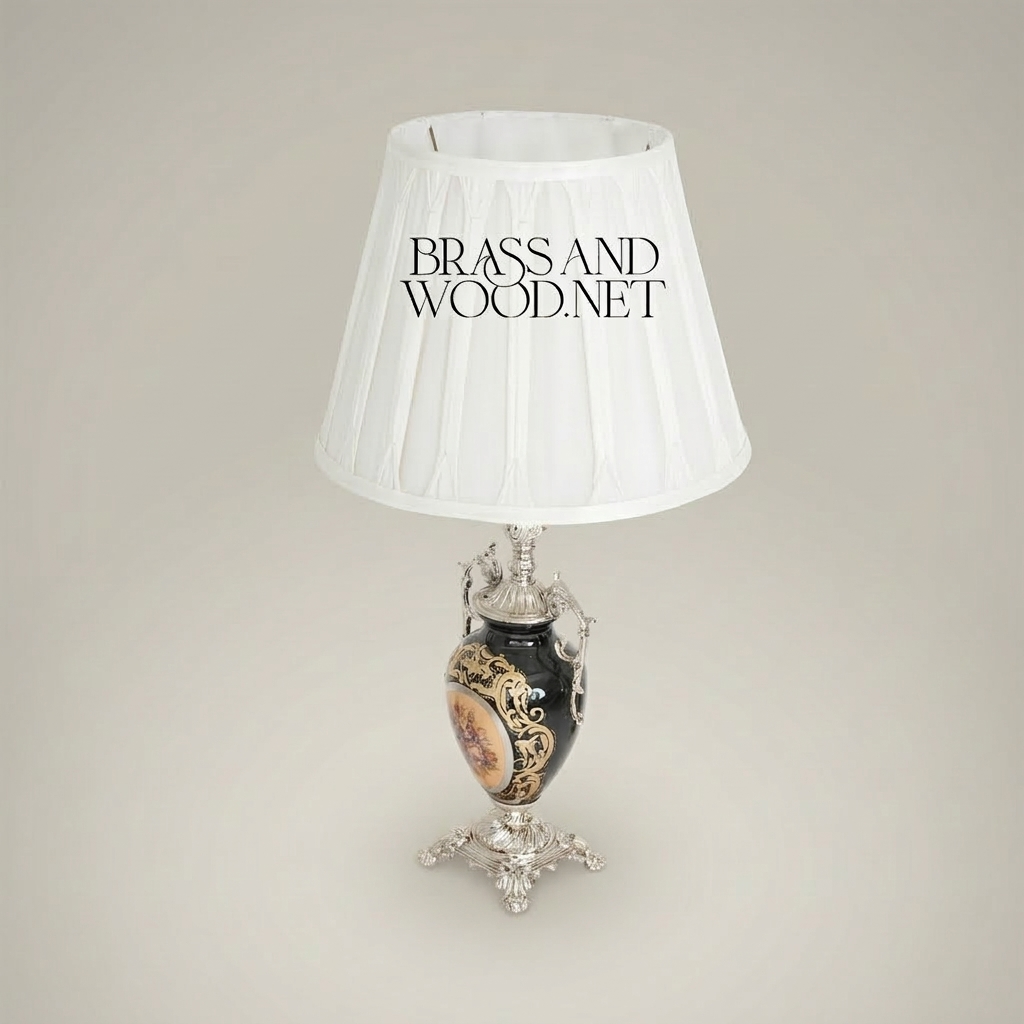Baroque Ceramic Urn Table Lamp - Floral Medallion & Ornate Brass Stand — Silver