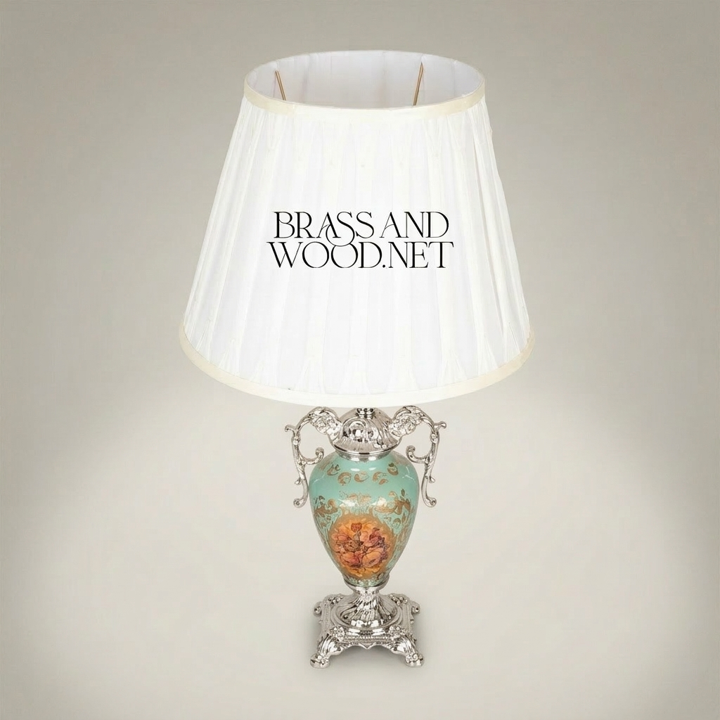 Baroque Ceramic Urn Table Lamp - Hand-Painted Floral Porcelain with Ornate Brass Mounts — Silver