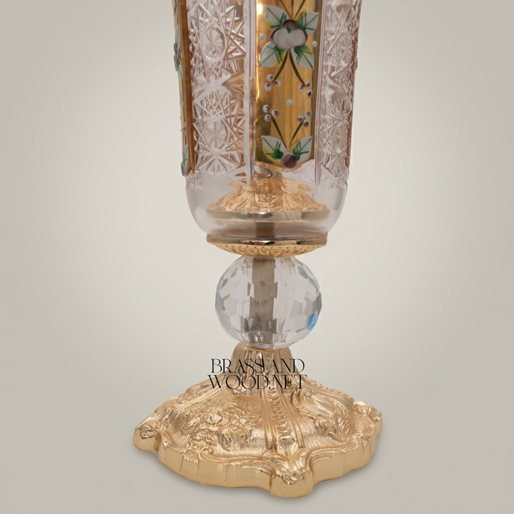 Baroque Chalice Crystal Candle Holder with Enamel Floral Panels & Gilt Base — Gold