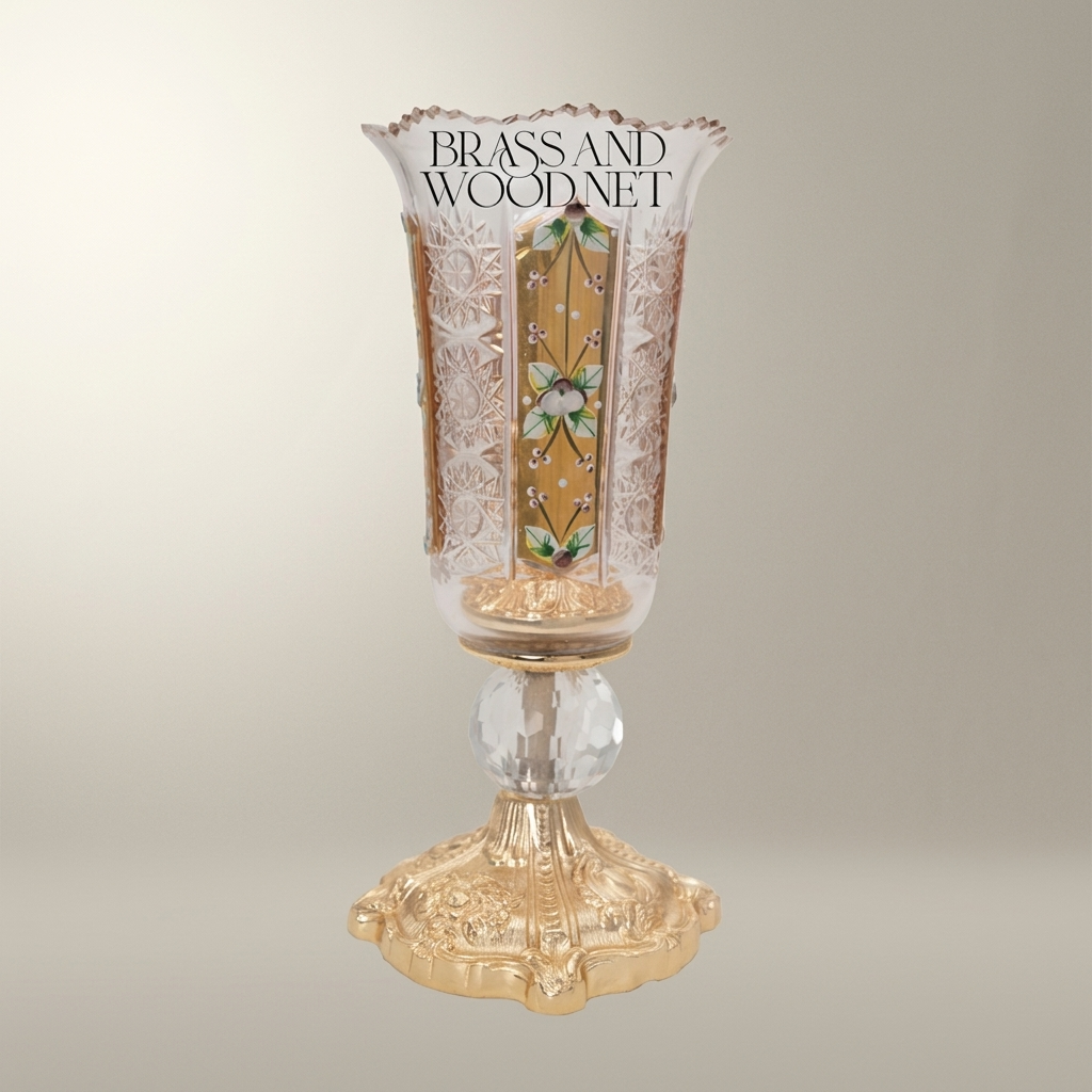 Baroque Chalice Crystal Candle Holder with Enamel Floral Panels & Gilt Base