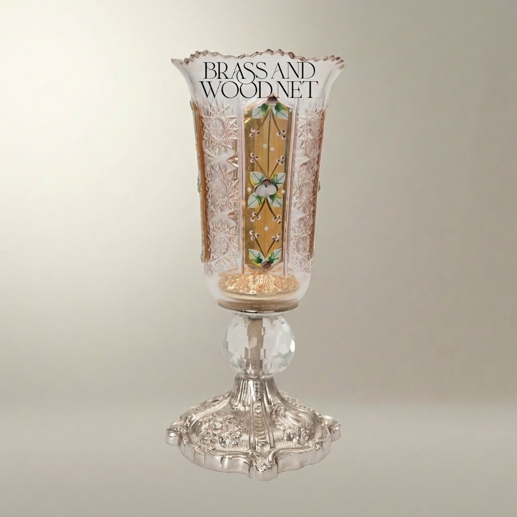 Baroque Chalice Crystal Candle Holder with Enamel Floral Panels & Gilt Base — Silver