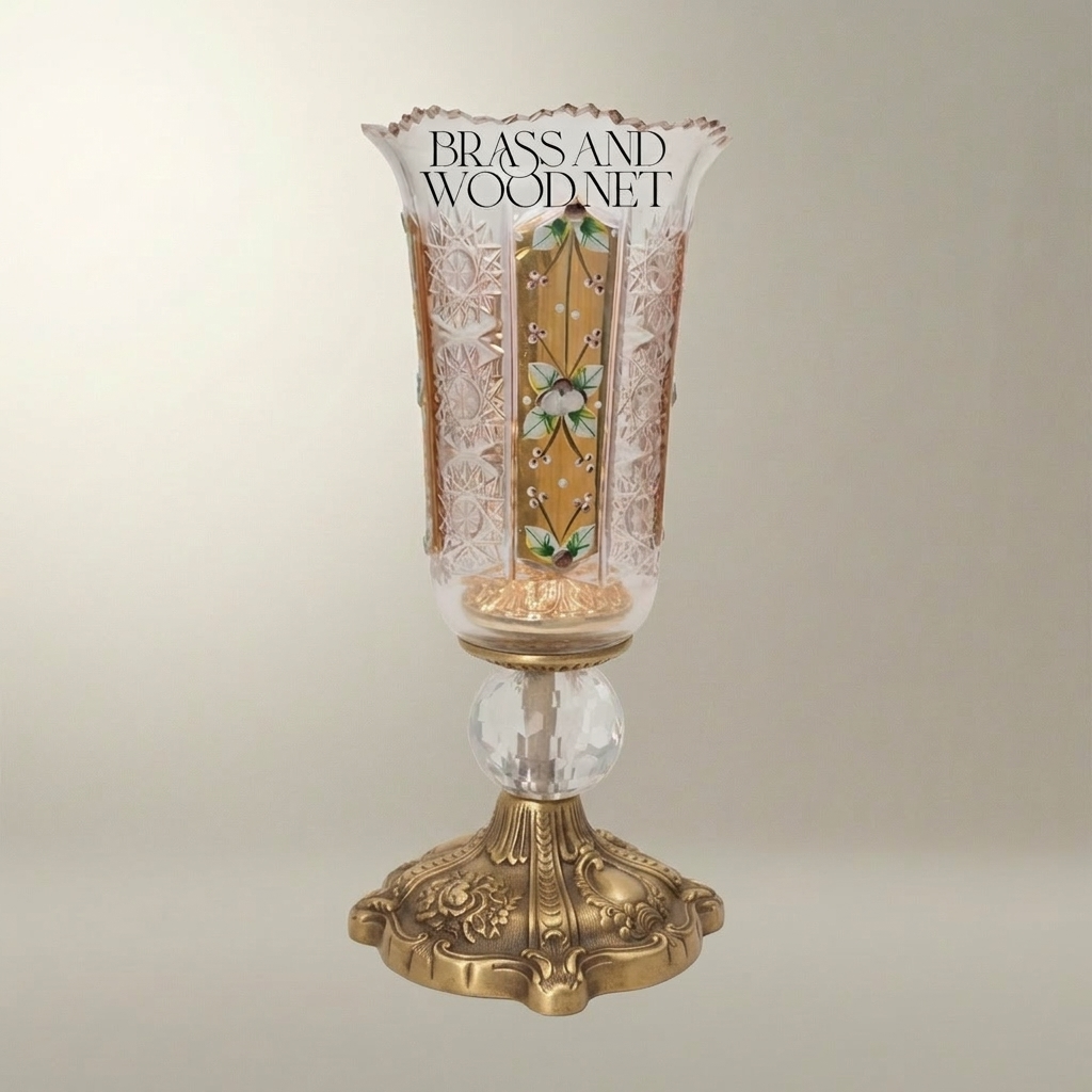 Baroque Chalice Crystal Candle Holder with Enamel Floral Panels & Gilt Base — Antique Gold