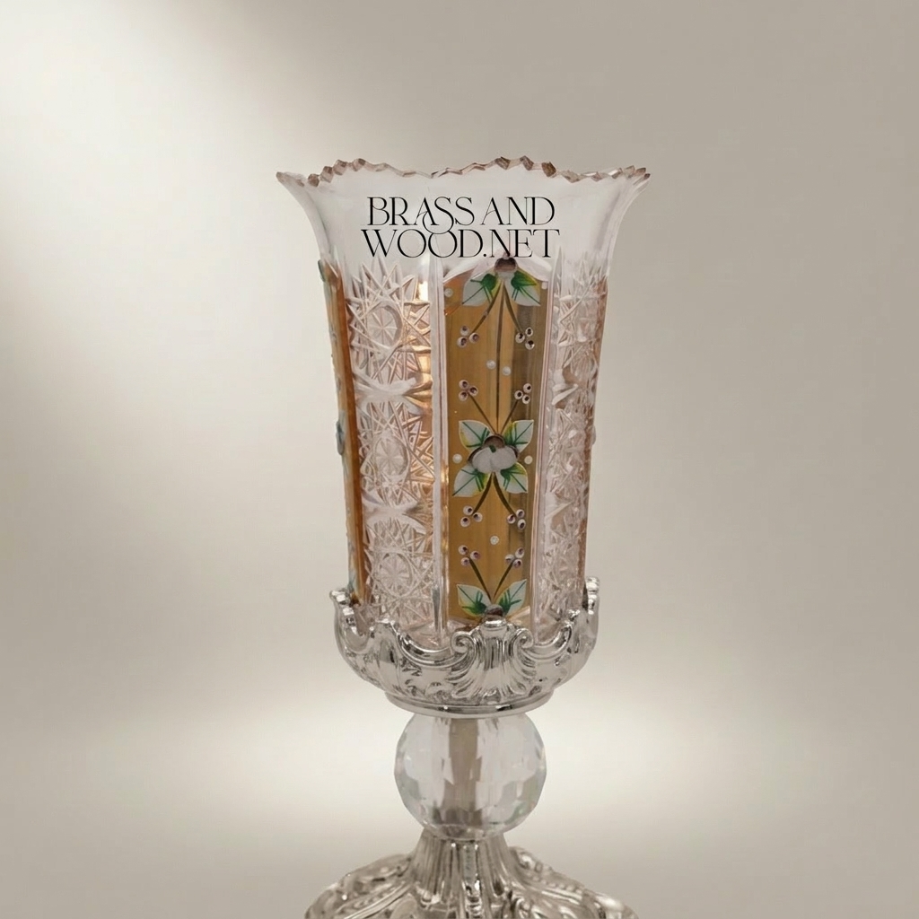 Baroque Chalice Crystal Candle Holder with Enamel Floral Panels & Gilt Base — Silver