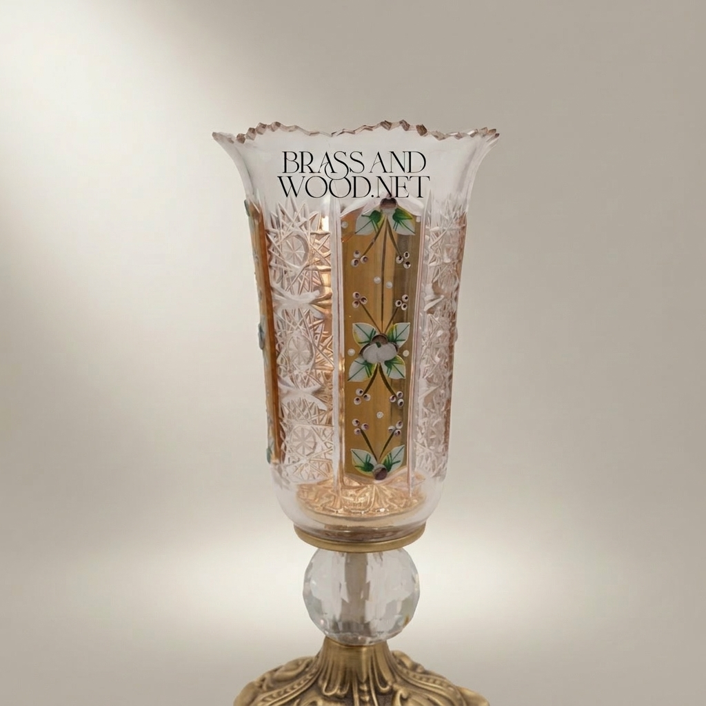 Baroque Chalice Crystal Candle Holder with Enamel Floral Panels & Gilt Base — Antique Gold