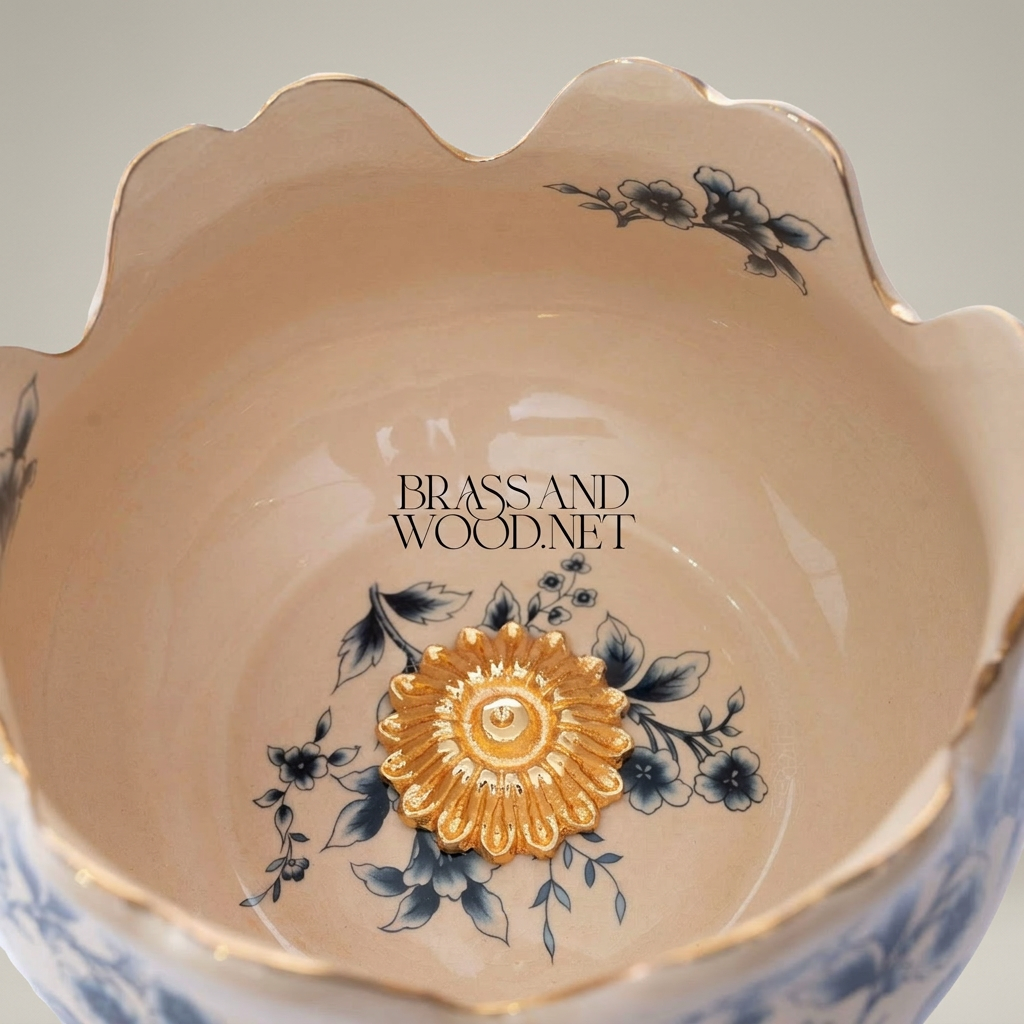 Baroque Chinoiserie Ceramic Bonbonniere Bowl with Gilded Floral Base