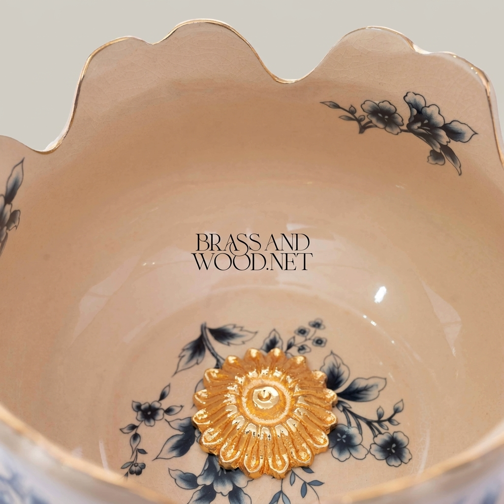 Baroque Chinoiserie Ceramic Bonbonniere Bowl with Gilded Floral Base — Gold